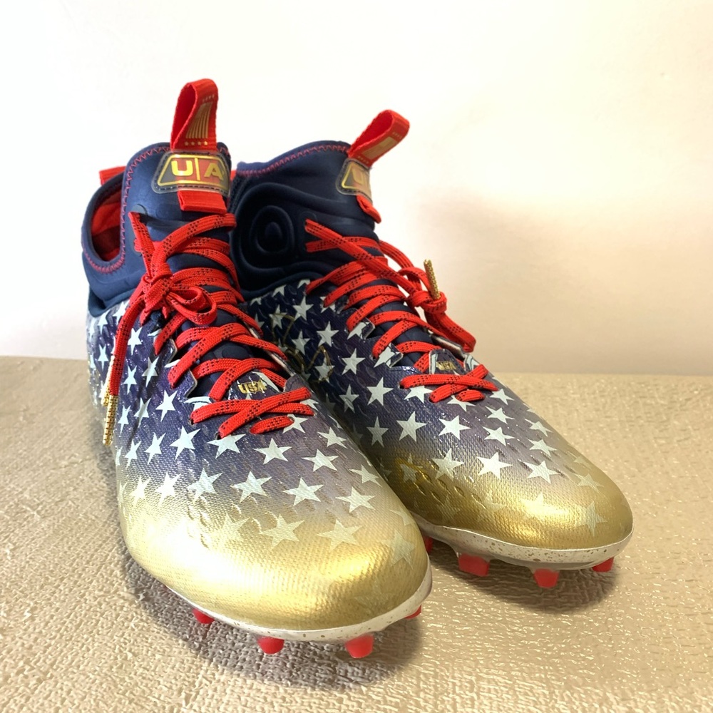 Mismate Under Armour Spotlight Lux MC LE Football Cleats R:11 L:10.5 Blue/Red/Go